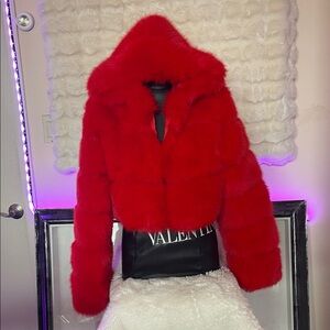 Red Faux Fur Jacket NWOT WARNING the Zipper is not secure and needs special care